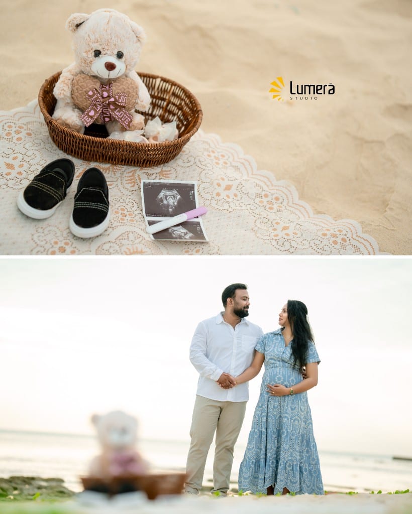 Expecting couple during a maternity portrait session by the Jaffna seaside, photographed by Lumera Studio.